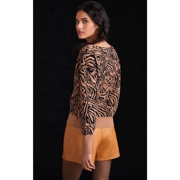 Anthropologie Maeve Boat Neck Sweater Tiger Stripe in Camel Tan & Black Sz M - Picture 2 of 10
